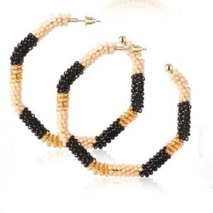 Gold and Black Beaded Hoop Earrings 2 3/4”